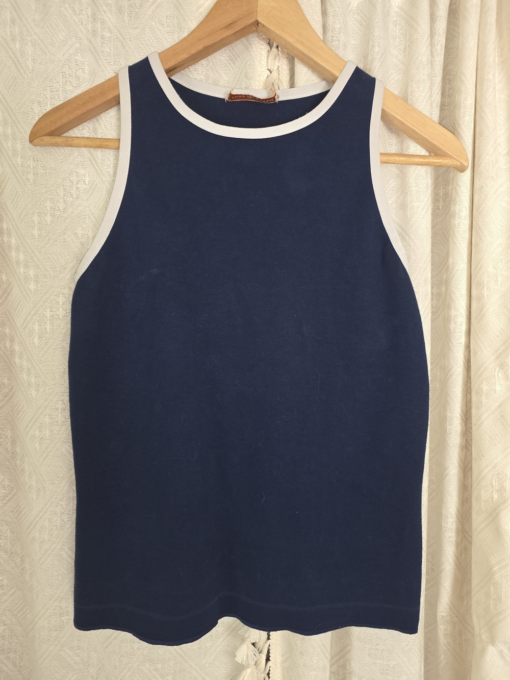 Tory Burch Navy and White Sleeveless Top with Orange Logo Tag